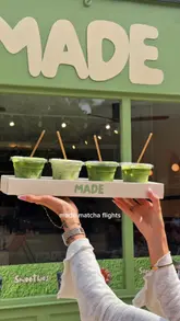 A creator visits a cafe in Leeds called MADE to try their matcha flights and sandwiches, showcasing the variety of flavours and the aesthetic presentation of the food and drinks.