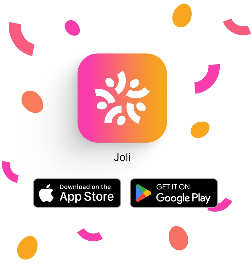 Joli app icon with download options available on the App Store and Google Play. Colorful confetti surrounds the icon, highlighting the app's availability on multiple platforms.