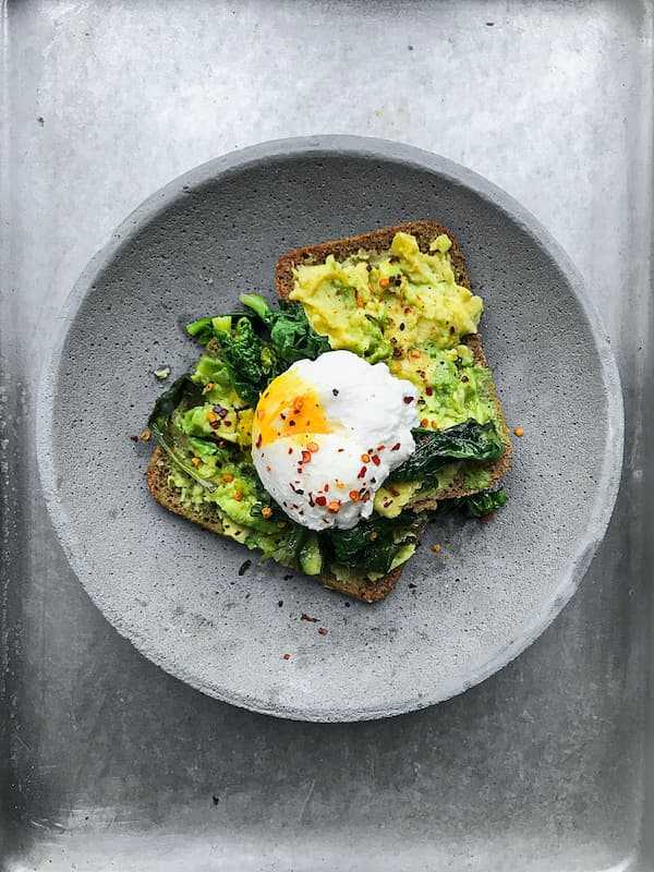 A plate of poached eggs and avocado on a cafe table