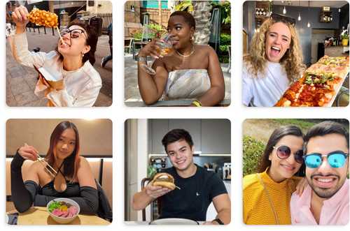 Collage of diverse content creators enjoying food and drinks, part of the Joli app community for sharing ideas, tips, and attending meetups, events, and workshops.