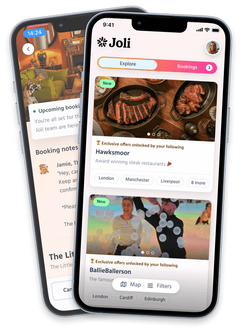 Joli app interface on mobile phones showing features for booking and managing brand collaborations. Available for download on the App Store and Google Play with high ratings.